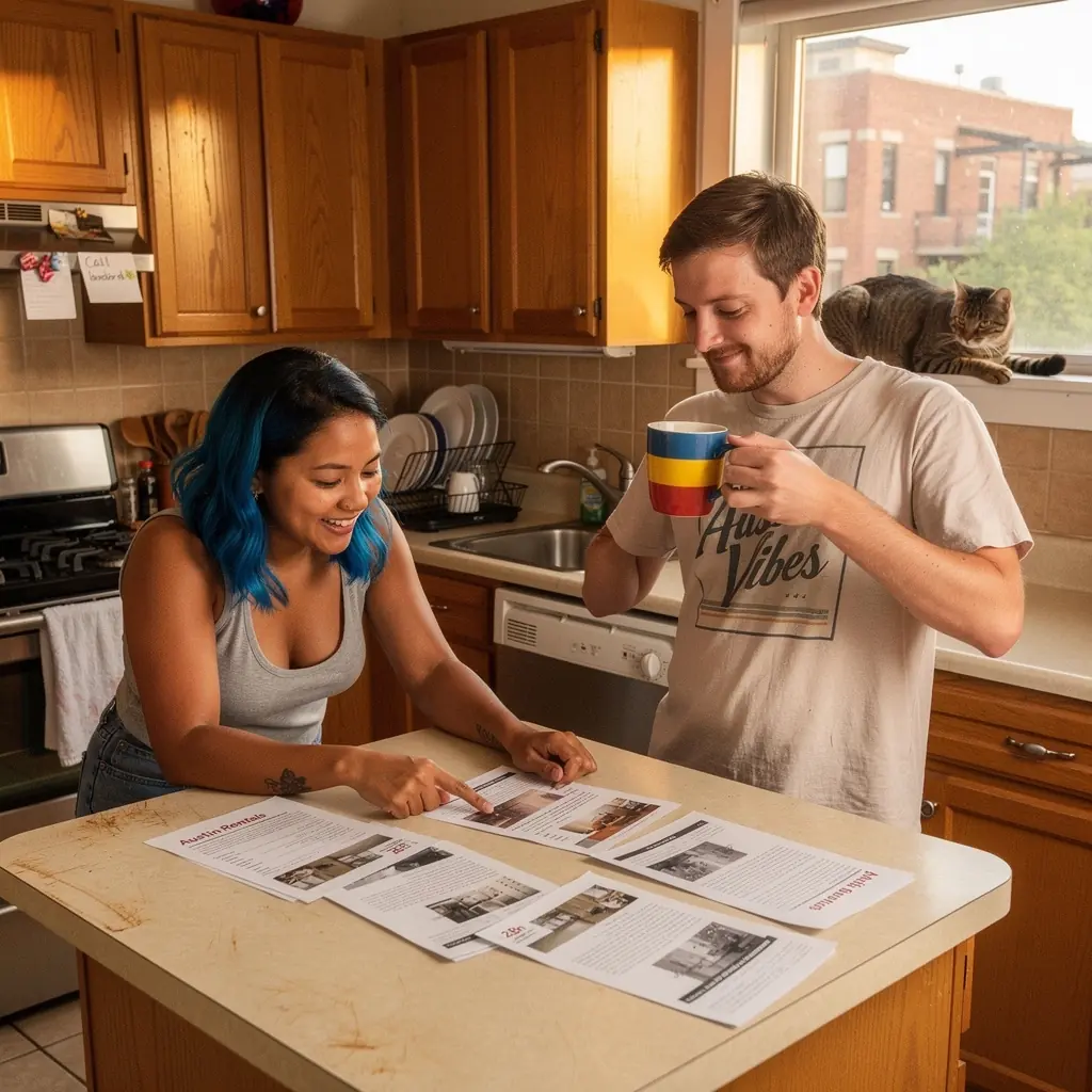 Rodzina z psem przeglądająca oferty mieszkań w przyjaznym otoczeniu.