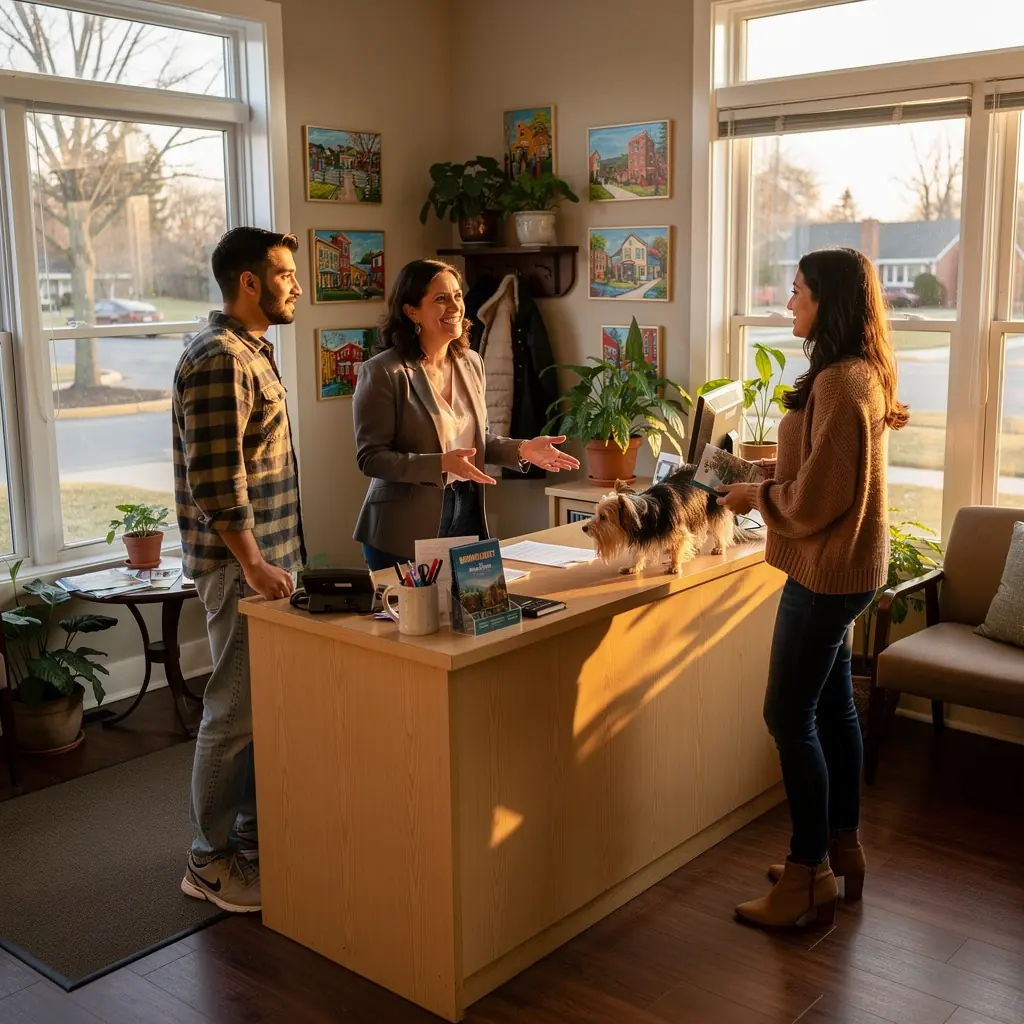 Biuro wsparcia w procesie wynajmu mieszkań, z pracownikami pomagającymi klientom.
