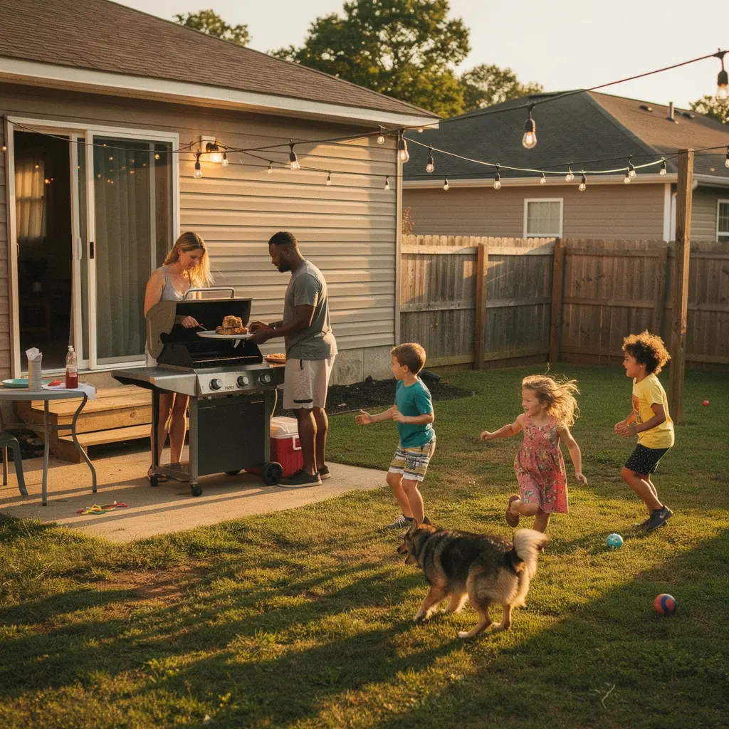 Rodzina z psem przeglądająca oferty wynajmu mieszkań.