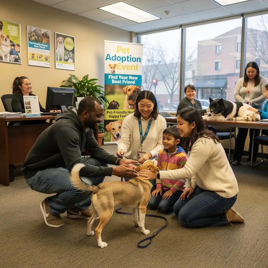 Rodzina z psem w ogrodzie przed domem, ciesząca się wspólnym czasem.