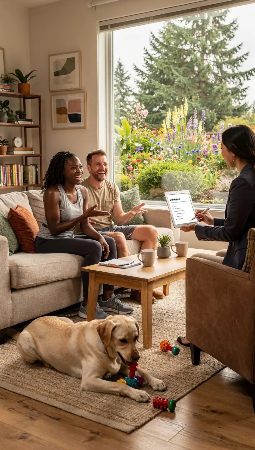 Zdjęcie przytulnego mieszkania z widokiem na zieleń, idealnego dla rodzin z zwierzętami.