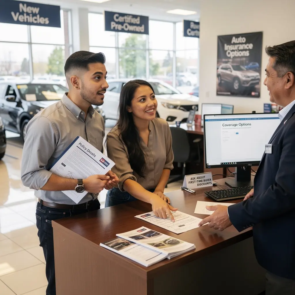 Zadowoleni klienci odbierający polisy ubezpieczeniowe w biurze.